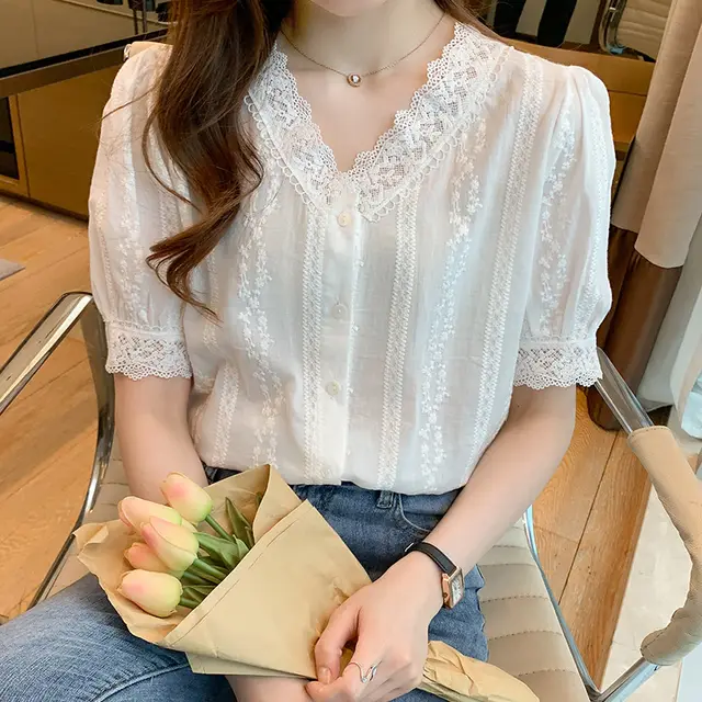 Short Lace Clothing Design Sense Niche Chiffon Shirt White - Shop at LoveMi