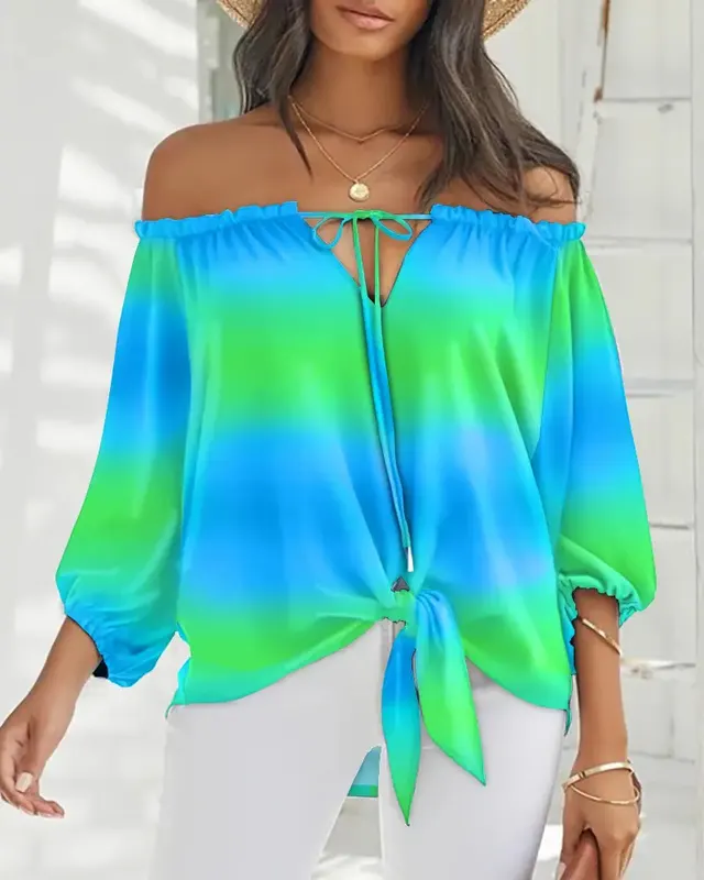 Sexy Off Shoulder Printed Chiffon Shirt Women Fashion Tied Detail Long Sleeve Pullover Tops Street Vintage Lady Blouse Green - Shop at LoveMi