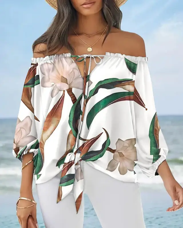 Sexy Off Shoulder Printed Chiffon Shirt Women Fashion Tied Detail Long Sleeve Pullover Tops Street Vintage Lady Blouse Leaf - Shop at LoveMi