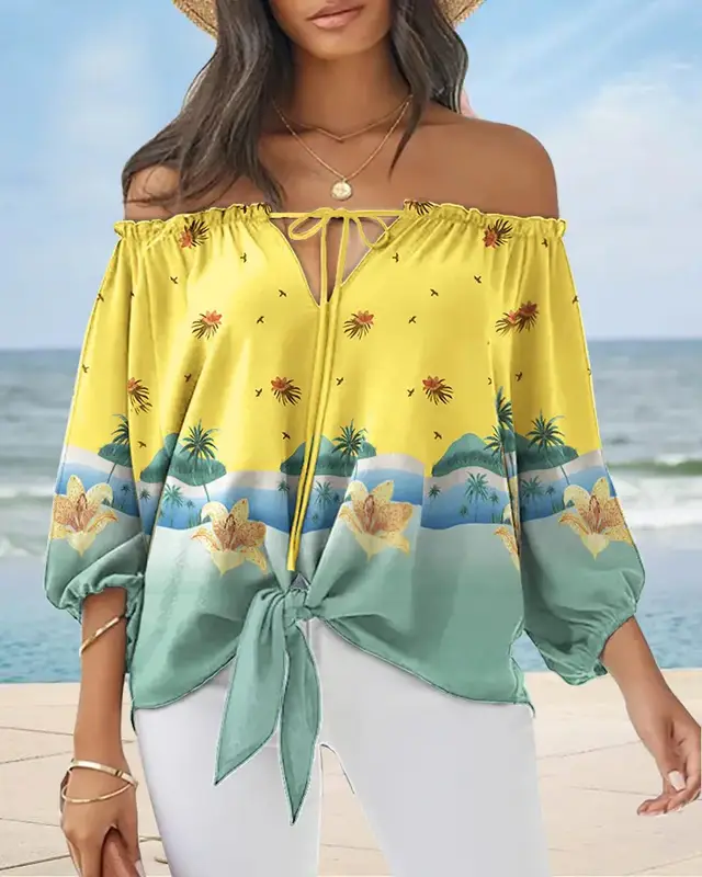 Sexy Off Shoulder Printed Chiffon Shirt Women Fashion Tied Detail Long Sleeve Pullover Tops Street Vintage Lady Blouse Yellow - Shop at LoveMi