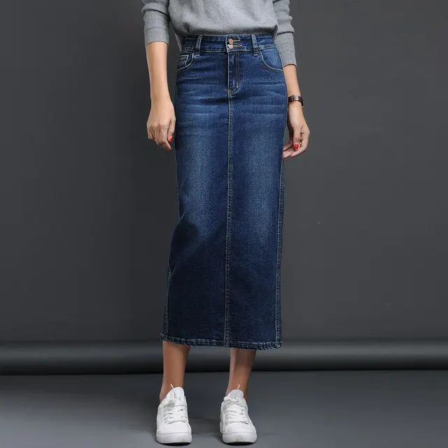 Women's Denim Skirt Mid length High Waist Korean Style Slim Fit Dark Blue - Shop at LoveMi