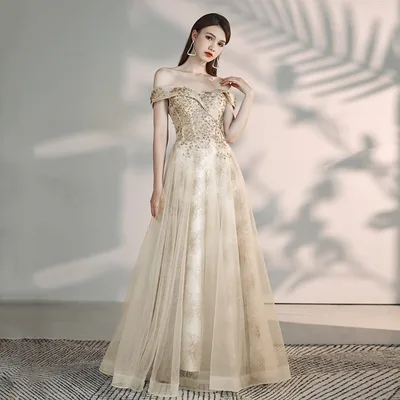 Banquet Fashion Temperament A Shoulder Flamboyant Dress Champagne - Shop at LoveMi
