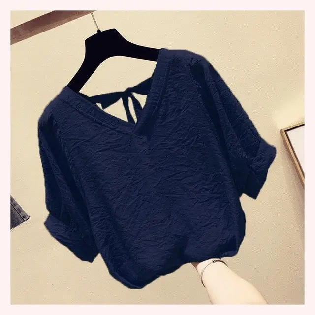 V neck Chiffon Shirt Women's Short sleeved Super Sweet Loose Thin Belly Covering Top Navy Blue - Shop at LoveMi