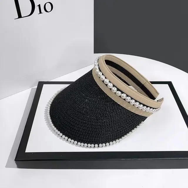 Empty Top Sunshade Pearl Straw Hat Women Lace Black - Shop at LoveMi