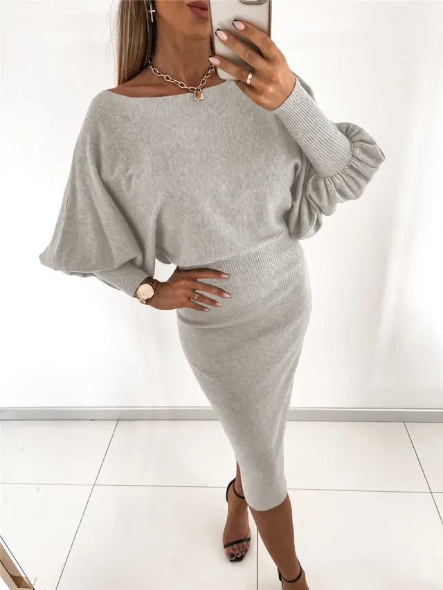 European And American Women's Temperament Knitted Solid Color Dress Grey - Shop at LoveMi