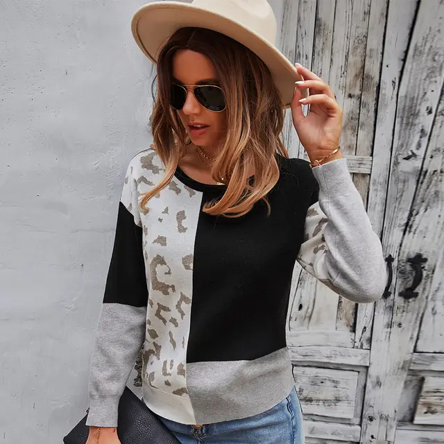 Women's Color Contrast Round Neck Pullover Casual Style Sweater Top Black - Shop at LoveMi