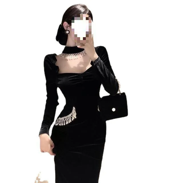 Puffy Sleeves Square Collar Pearl Bib Velvet Black Dress Dress Black For The Neck - Shop at LoveMi