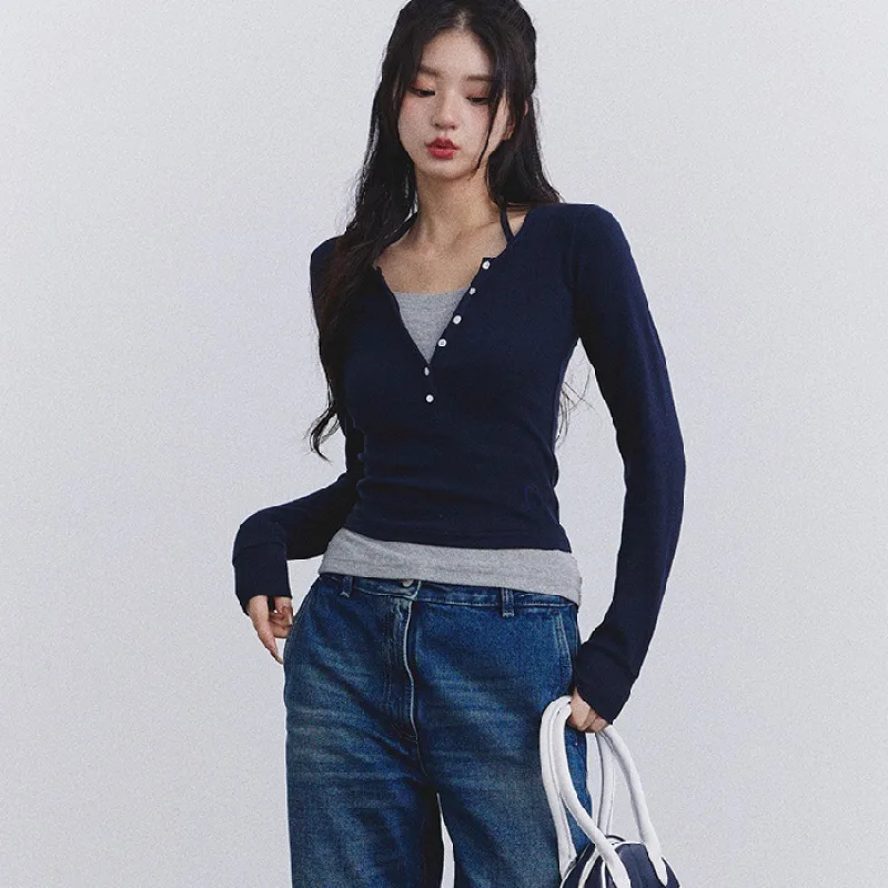 Girls Slim Fit Color Match Fake Two Piece Top Blue - Shop at LoveMi