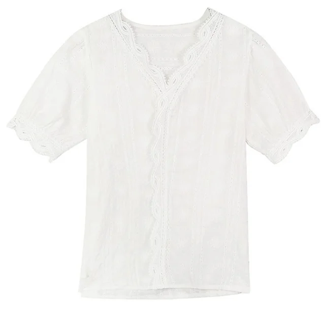 V neck Lace Lantern Sleeve White Foreign Style Shirt White - Shop at LoveMi