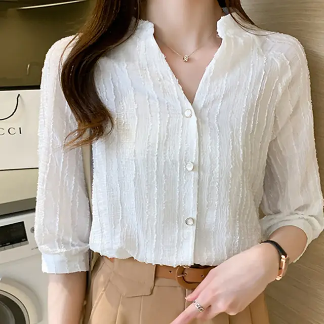 Women's Stand Collar Chiffon Shirt Design Sense White - Shop at LoveMi