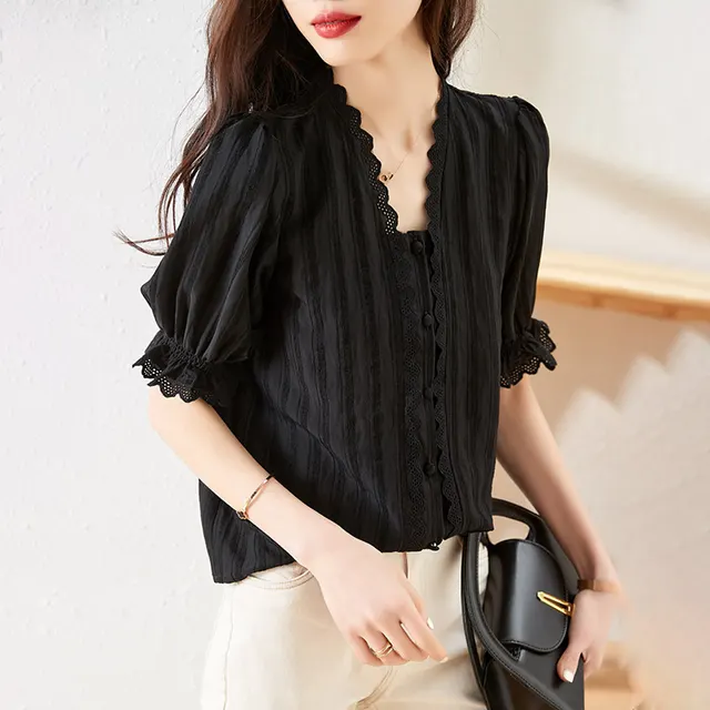 Vintage Lace V Neck Short Sleeve Top Black Black - Shop at LoveMi