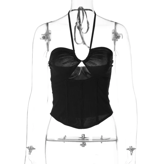 One line Neck Hanging Neck Lace up Small Vest Solid Color Top Black - Shop at LoveMi