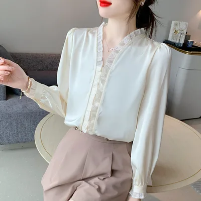 Sweet Wood Ear Chiffon White Shirt Women Apricot - Shop at LoveMi