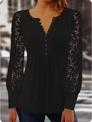 Spring Lace Long-sleeved V-neck Slim Short T-shirt Top - Black
