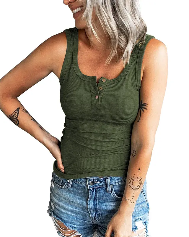Threaded Button Fitting Tank Top T shirt Army Green - Shop at LoveMi