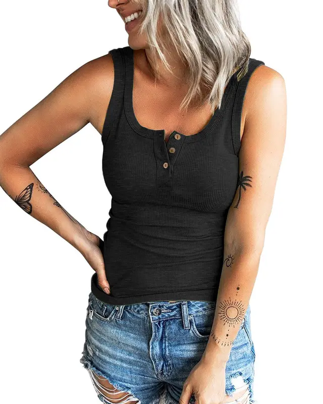 Threaded Button Fitting Tank Top T shirt Black - Shop at LoveMi