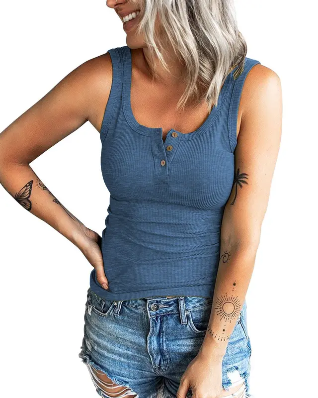 Threaded Button Fitting Tank Top T shirt Blue - Shop at LoveMi