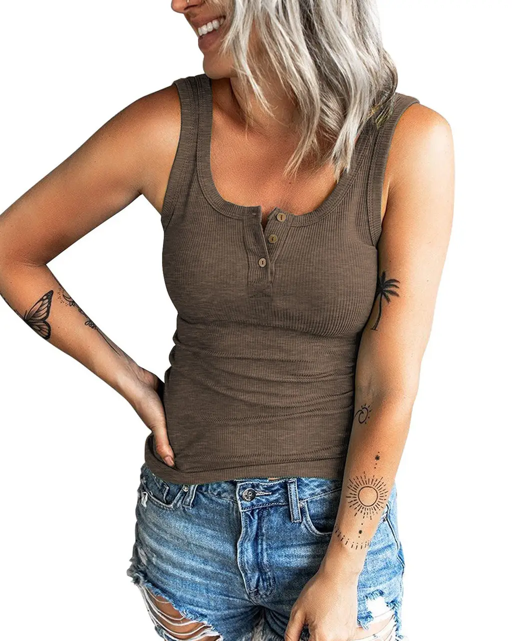 Threaded Button Fitting Tank Top T-shirt - Coffee