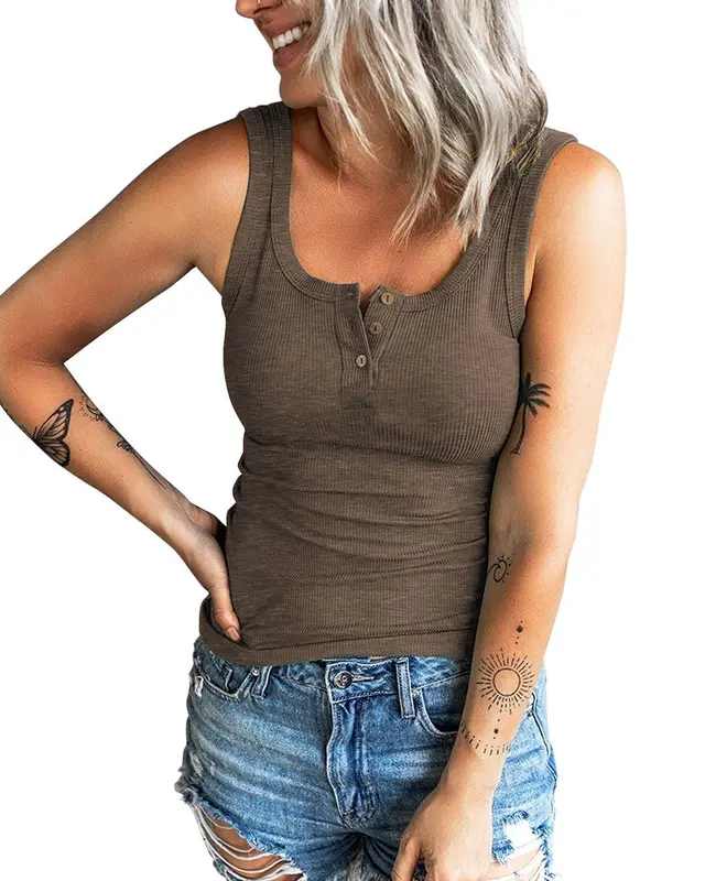 Threaded Button Fitting Tank Top T shirt Coffee - Shop at LoveMi