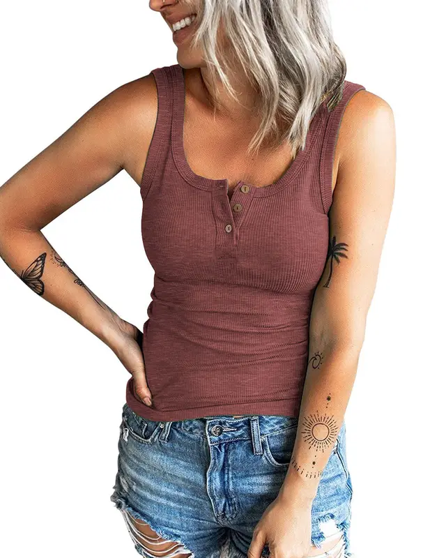 Threaded Button Fitting Tank Top T shirt Erythrine - Shop at LoveMi