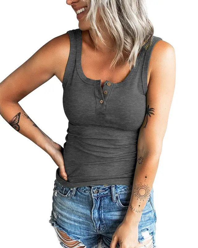 Threaded Button Fitting Tank Top T shirt Grey - Shop at LoveMi