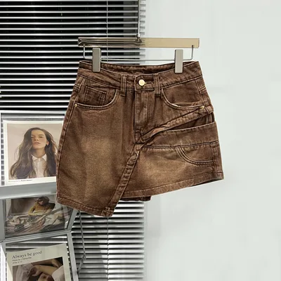 Denim Fashion Skirt High Waist A Line Coffee - Shop at LoveMi