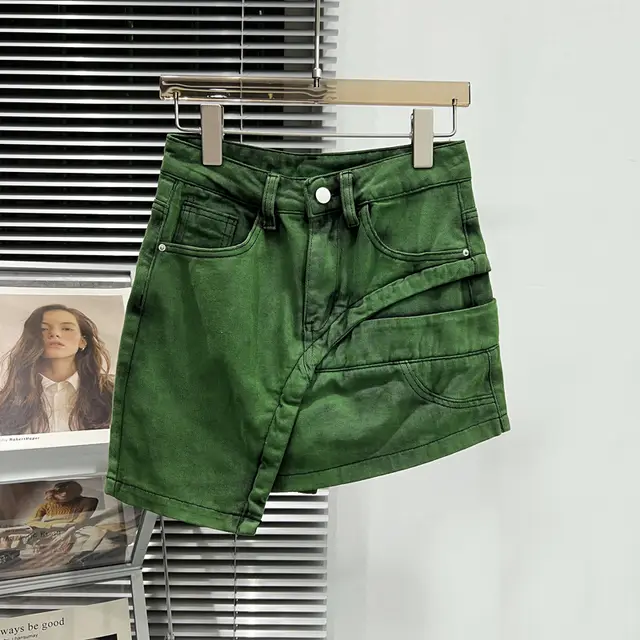 Denim Fashion Skirt High Waist A Line Green - Shop at LoveMi