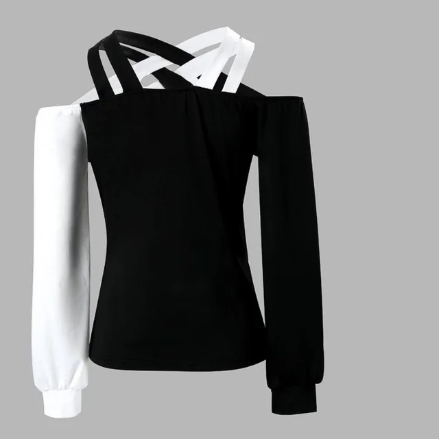 Black And White Patchwork Casual Fashion Cross Belt Women's Top Black - Shop at LoveMi