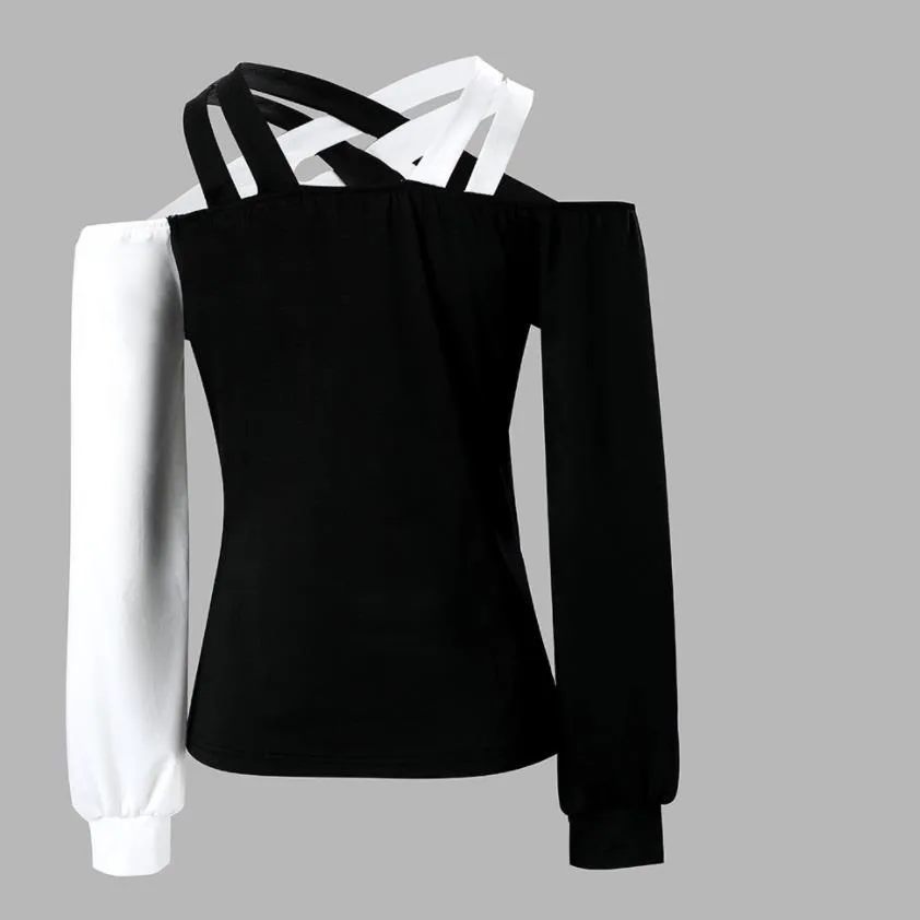 Black And White Patchwork Casual Fashion Cross Belt Women's Top White - Shop at LoveMi
