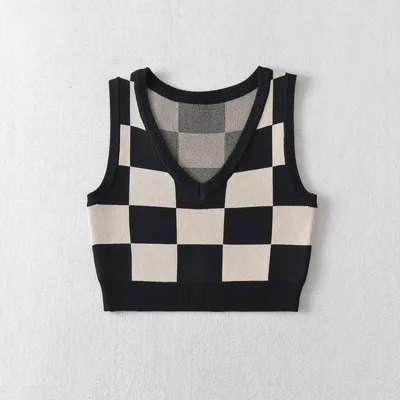 Spring New Two color Plaid Knitted Vest V Neck Short Top K7 M194A Apricot - Shop at LoveMi