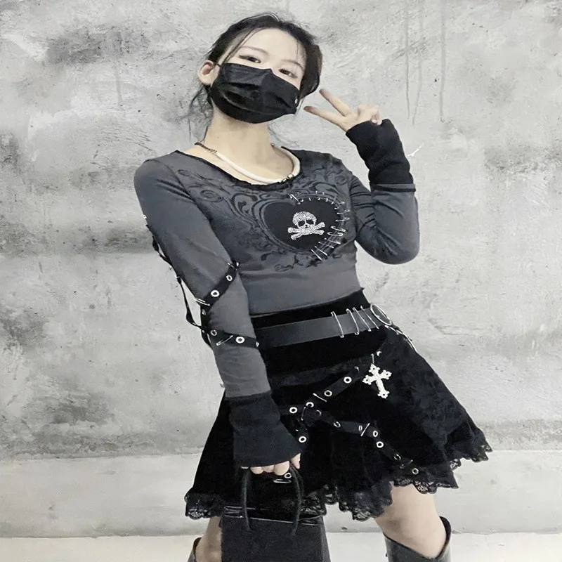 Vintage Printed Wooden Ear Trim T shirt Grey - Shop at LoveMi