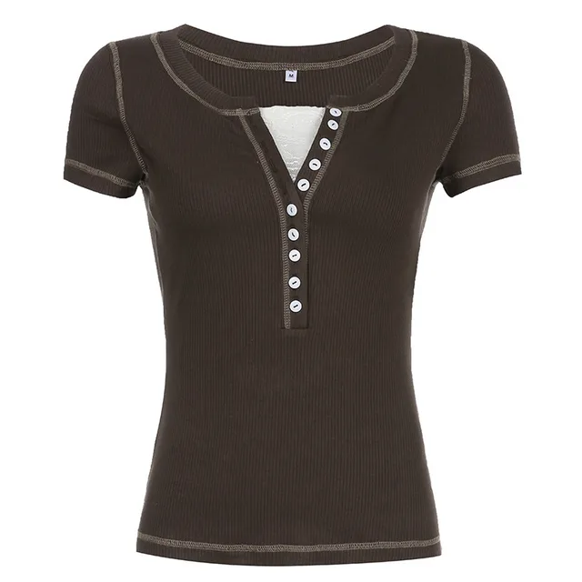 V neck Open Line Lace Panel Short Sleeve Slim T shirt Brown - Shop at LoveMi