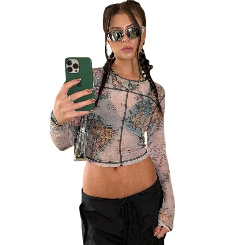 Crewneck Screen Print Slimming Long sleeved Short T shirt For Women Beige - Shop at LoveMi