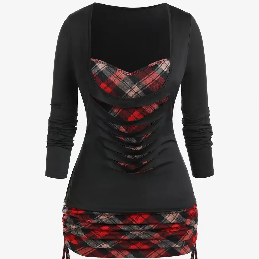Pure Color Knitted Contrast Plaid Front Middle Burn Cover - Black