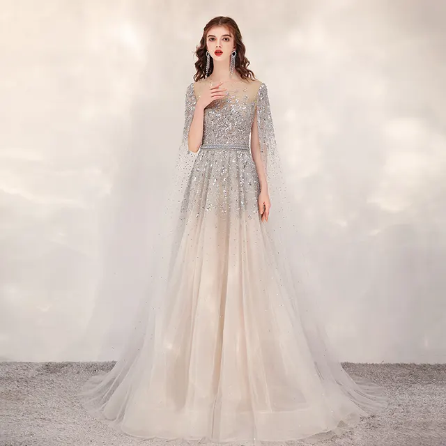 Gold High End Flying Sleeve Long Evening Dress Grey Blue - Shop at LoveMi