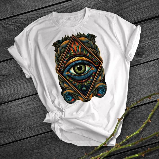 Simple Creative Printing Short Sleeve Mysterious Gaze White - Shop at LoveMi