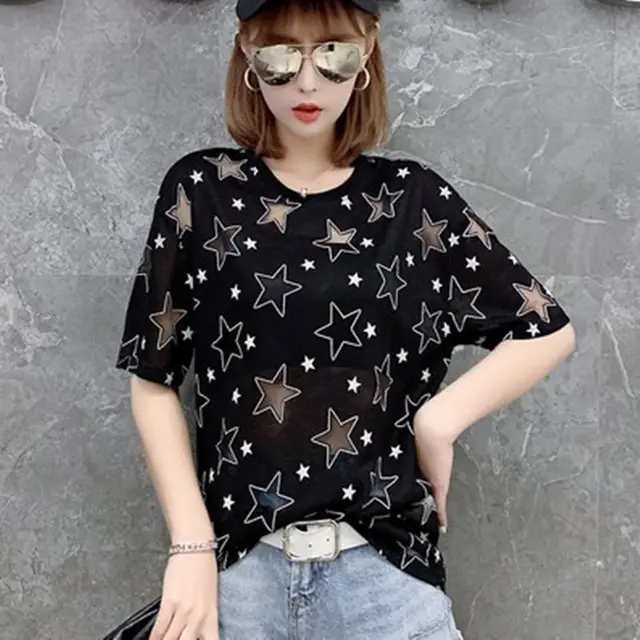 XINGX Top Loose Mesh Hollow Pentagram Short Sleeve T shirt Black - Shop at LoveMi