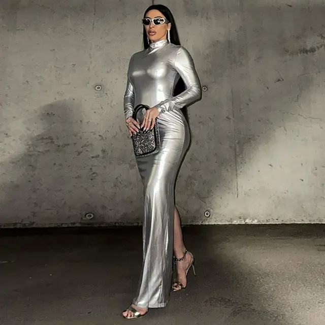 Slim Fit Zip Back Split Long Sleeve Dress Silver Grey - Shop at LoveMi