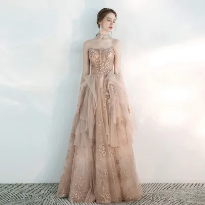 Toast Dress Female Wedding Bridesmaids Breast Wipe Long Skirt Dinner Annual Meeting Host Champagne Powder - Shop at LoveMi