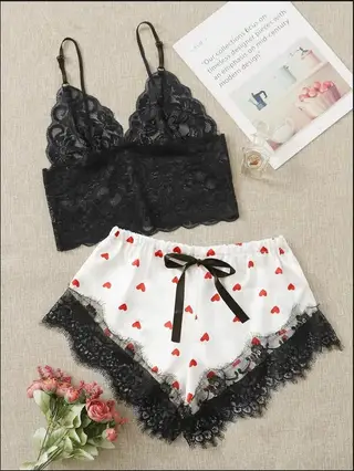 Homewear Women's Sexy Underwear Pajamas - Red Heart White Shorts Top - View 1