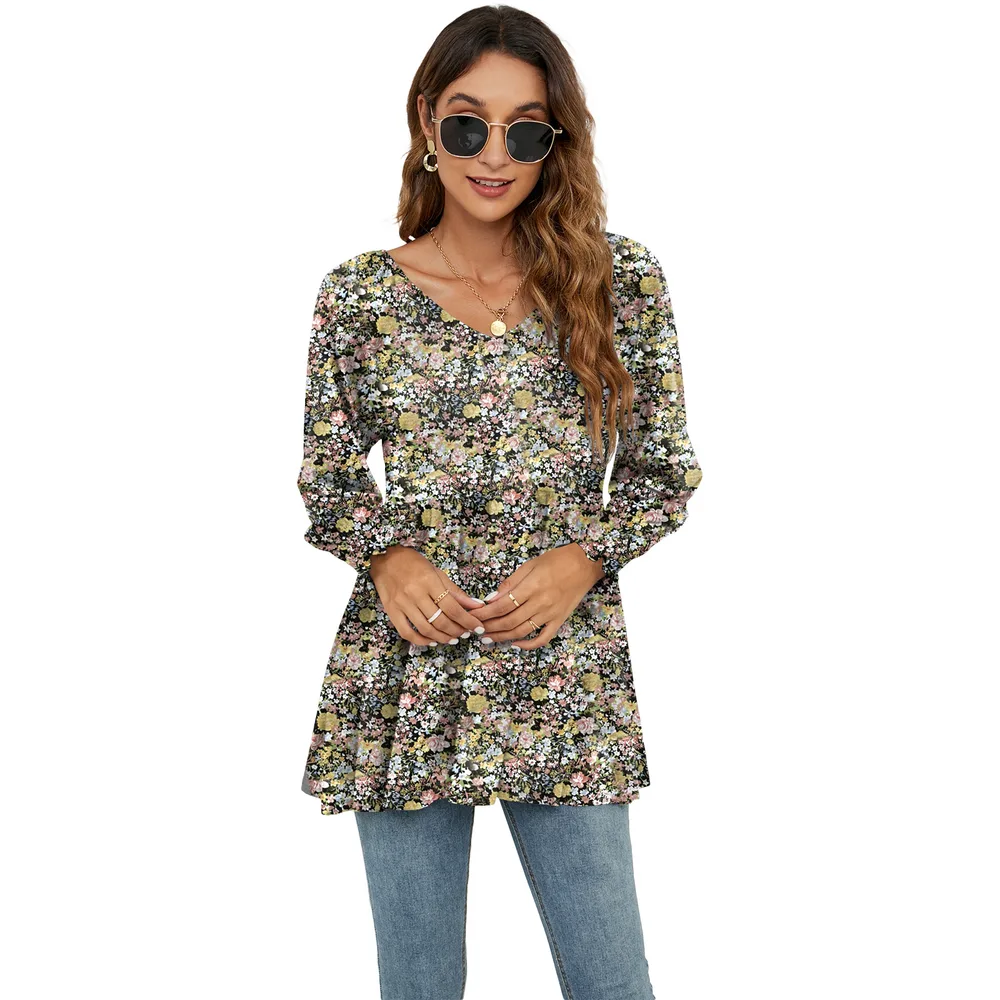 Long Puff Sleeve Tops Women Flowers Print Casual V-Neck Blouse T-Shirts Babydoll Tops - No.2 Flower