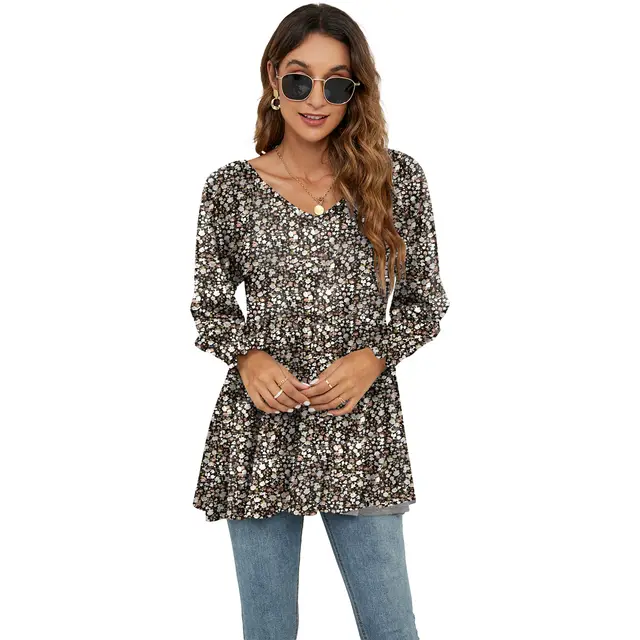 Long Puff Sleeve Tops Women Flowers Print Casual V Neck Blouse T Shirts Babydoll Tops No.2 Flower - Shop at LoveMi