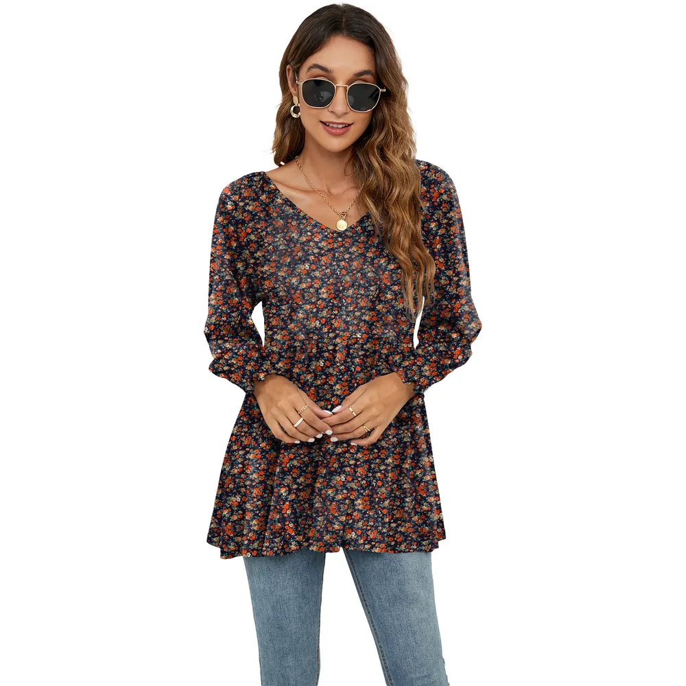 Long Puff Sleeve Tops Women Flowers Print Casual V-Neck Blouse T-Shirts Babydoll Tops - No.4 Flower
