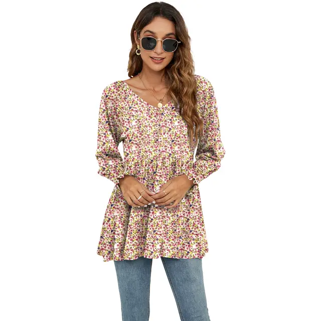 Long Puff Sleeve Tops Women Flowers Print Casual V Neck Blouse T Shirts Babydoll Tops No.6 Flower - Shop at LoveMi