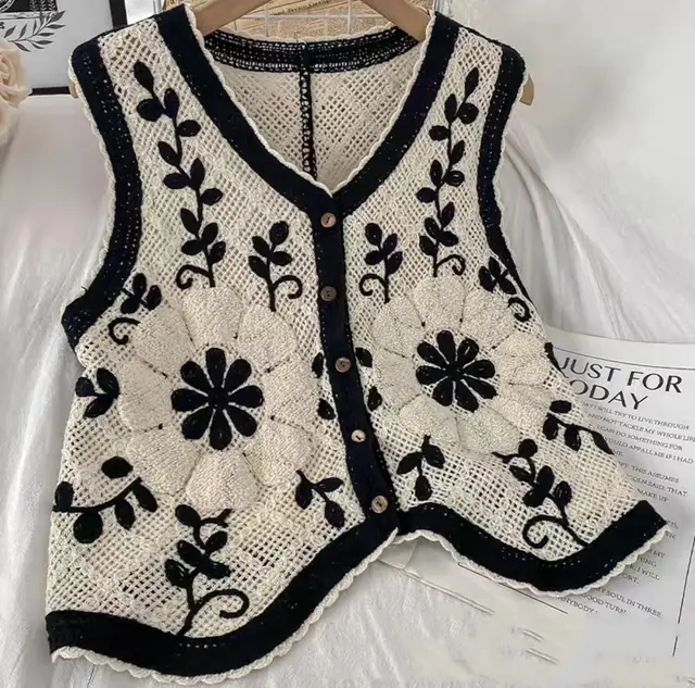 Women's Hollow Contrast Color Retro Knitted Vest Black - Shop at LoveMi