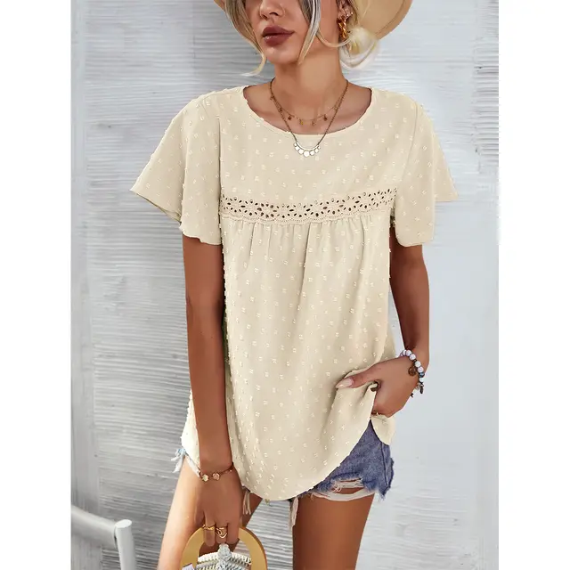 Short Sleeve Summer Tops Blouse Solid Color Lace Babydoll Shirts Apricot - Shop at LoveMi