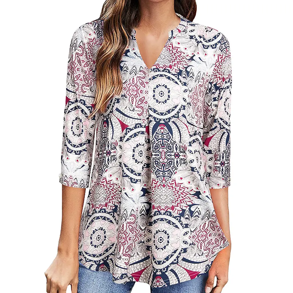 Flowers Print Tops V Neck Long Sleeve Flowers Print Shirt Women Blouse - Black