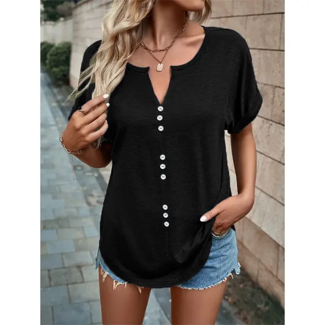 V neck Short Sleeve Tops Shirt Summer Button Design Blouse Black - Shop at LoveMi