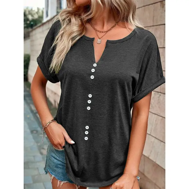 V neck Short Sleeve Tops Shirt Summer Button Design Blouse Dark Gray - Shop at LoveMi