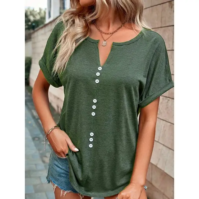 V neck Short Sleeve Tops Shirt Summer Button Design Blouse Green - Shop at LoveMi